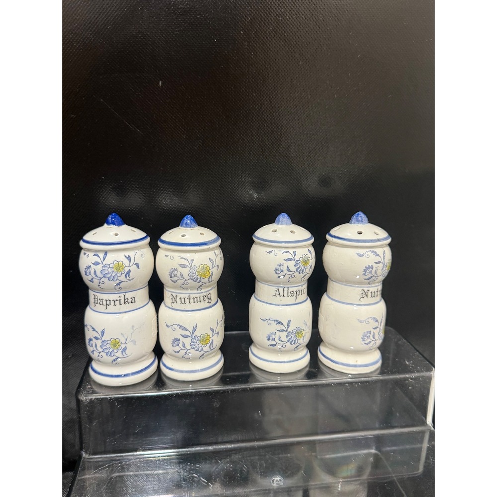 Vintage 1950s Arnart Blue Onion Spice Floral Ceramic Spice Shaker Set 4pc